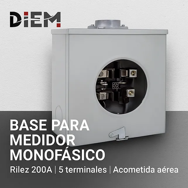 Base para medidor monofásico Rilez 200A | 5 terminales | Acometida aérea