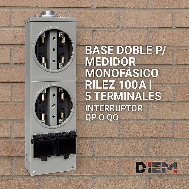 [BMI-52-100] Base doble p/ medidor monofásico Rilez 100A | 5 terminales | Interruptor QP o Qo