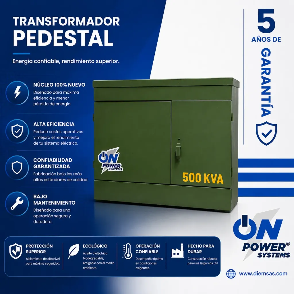 Transformador trifásico pedestal radial Norma J acero al carbón 500 kVA 13200 V – 480/277 V