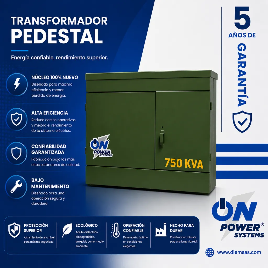 Transformador trifásico pedestal radial Norma J acero al carbón 750 kVA 13200 V – 480/277 V