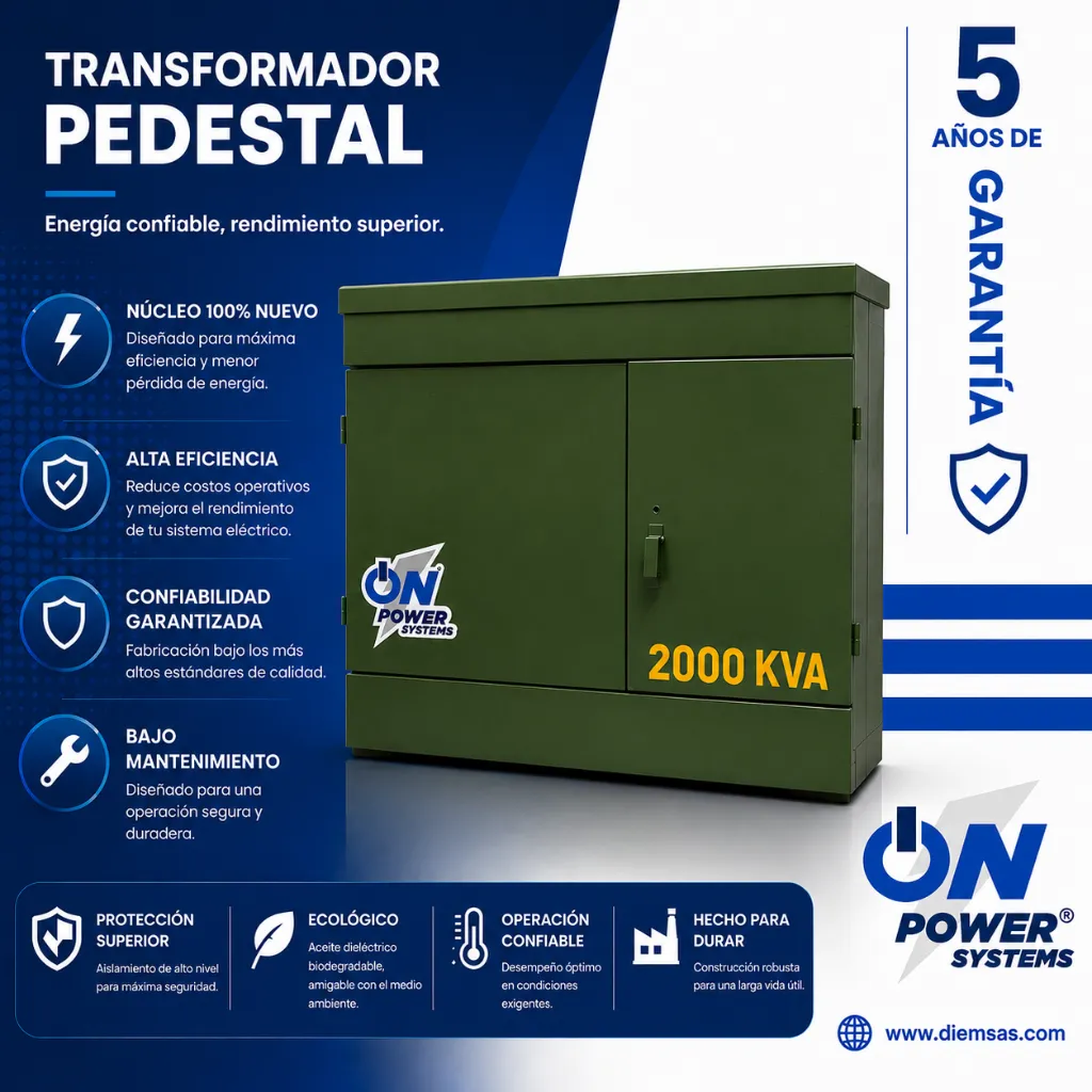 Transformador trifásico pedestal radial Norma J acero al carbón 2000 kVA 13200 V – 480/277 V