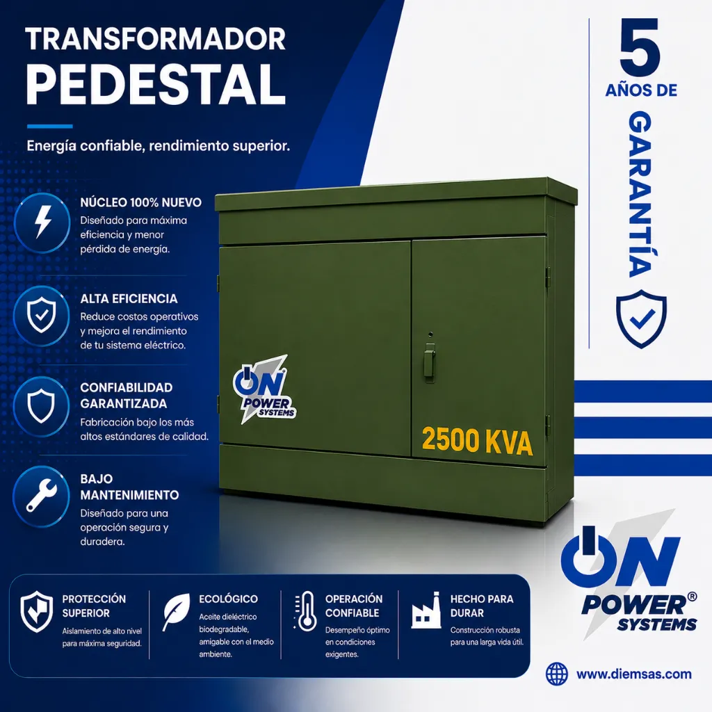 Transformador trifásico pedestal radial Norma J acero al carbón 2500 kVA 13200 V – 480/277 V