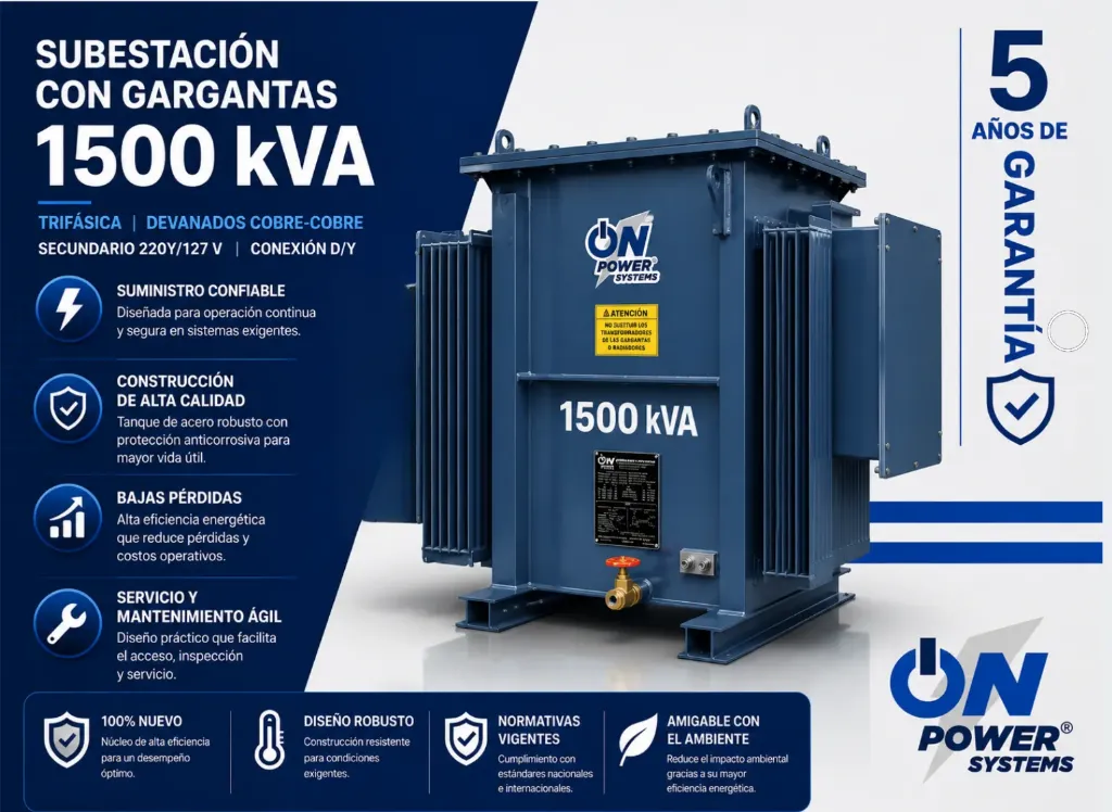 Transformador tipo Subestación 1500 kVA ONAN con gargantas