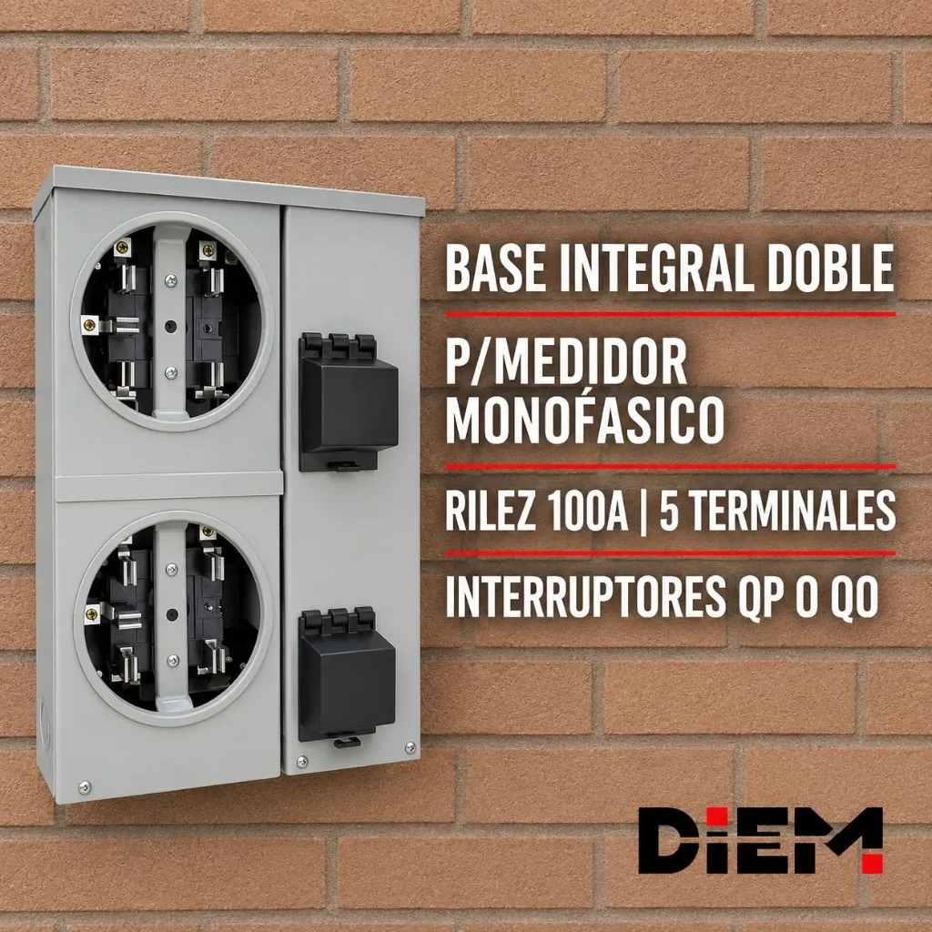 Base Integral Doble para Medidor Monofásico Rilez BMI-52-100S 100A | 5 Terminales | Alimentación Subterránea | Espacio para Interruptores QP o QO